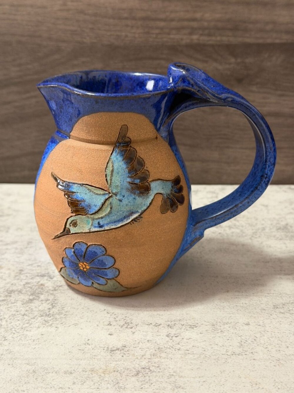 Vintage Studio Art Pottery Hand Painted Blue Bird Glazed Pitcher 4.5" Dated 1985